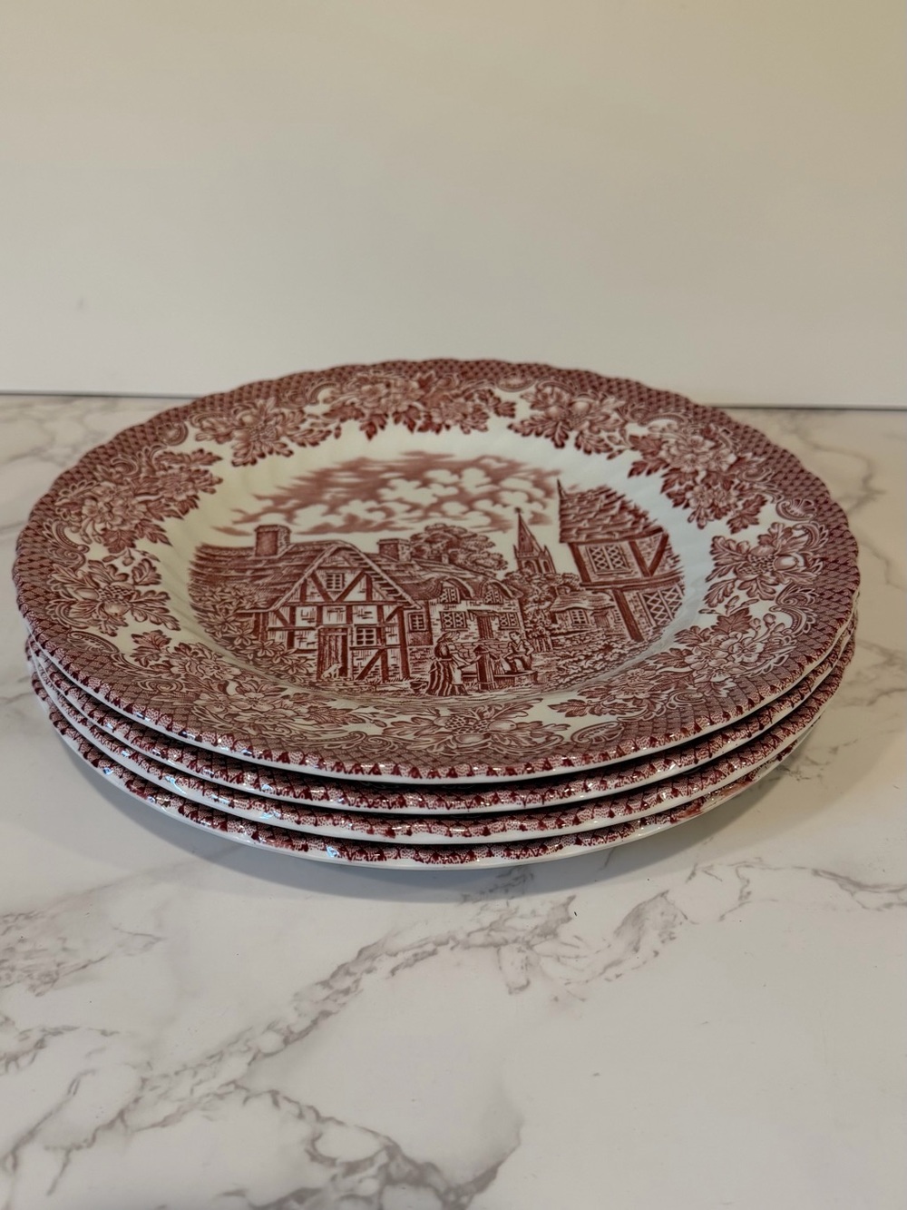 Vintage Merrie Olde England Ironstone Dinner Plate Set of 4 Red Transferware 10” - Picture 3 of 6
